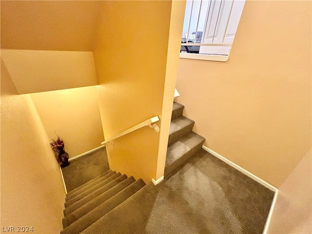 stairs featuring light carpet