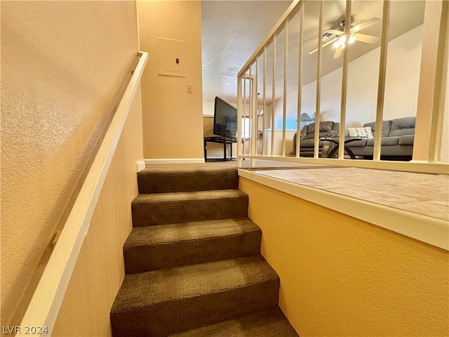 stairway featuring carpet flooring and ceiling fan