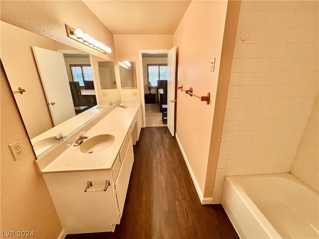 bathroom featuring double sink, wood-type flooring, and large vanity