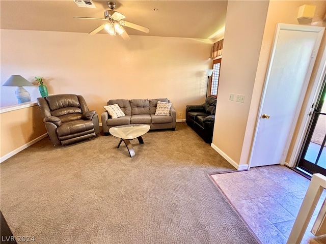 living room with light carpet and ceiling fan