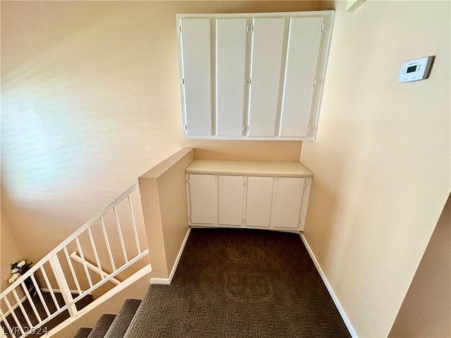 stairway featuring dark colored carpet