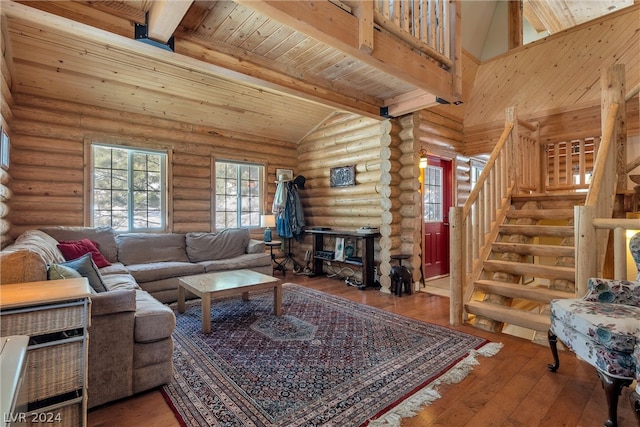 living room featuring wood ceiling, log walls, hardwood / wood-style floors, and beam ceiling