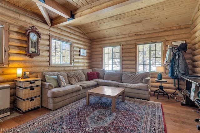 living room featuring wood ceiling, high vaulted ceiling, hardwood / wood-style flooring, and rustic walls