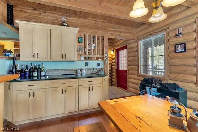 kitchen featuring log walls, dark wood-type flooring, beam ceiling, butcher block counters, and wooden ceiling