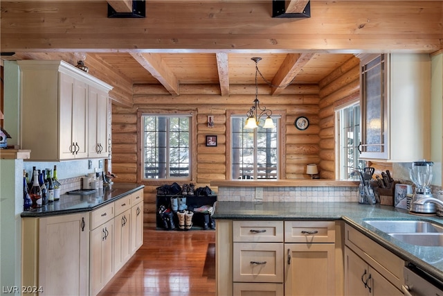 kitchen featuring decorative light fixtures, backsplash, rustic walls, dark hardwood / wood-style floors, and wood ceiling