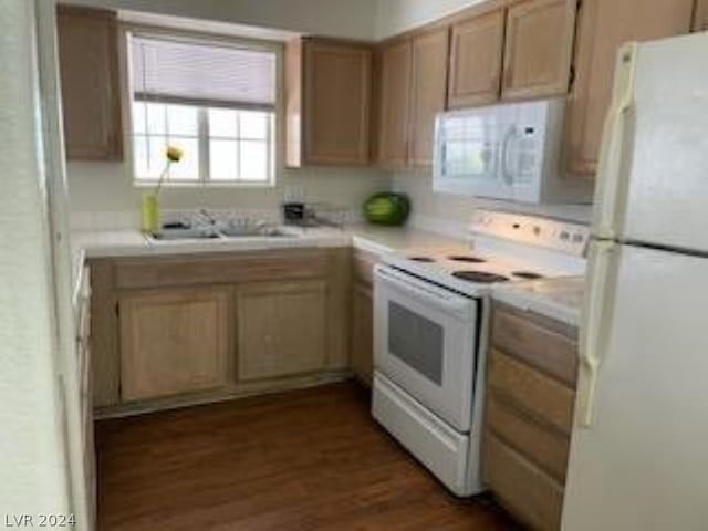 kitchen with dark hardwood / wood-style floors and white appliances