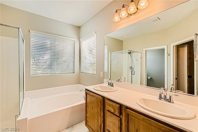 bathroom with tile flooring, plus walk in shower, and dual bowl vanity