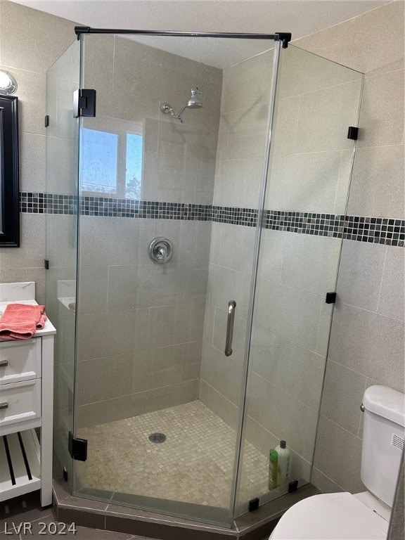 bathroom with vanity, toilet, a shower with door, and tile walls