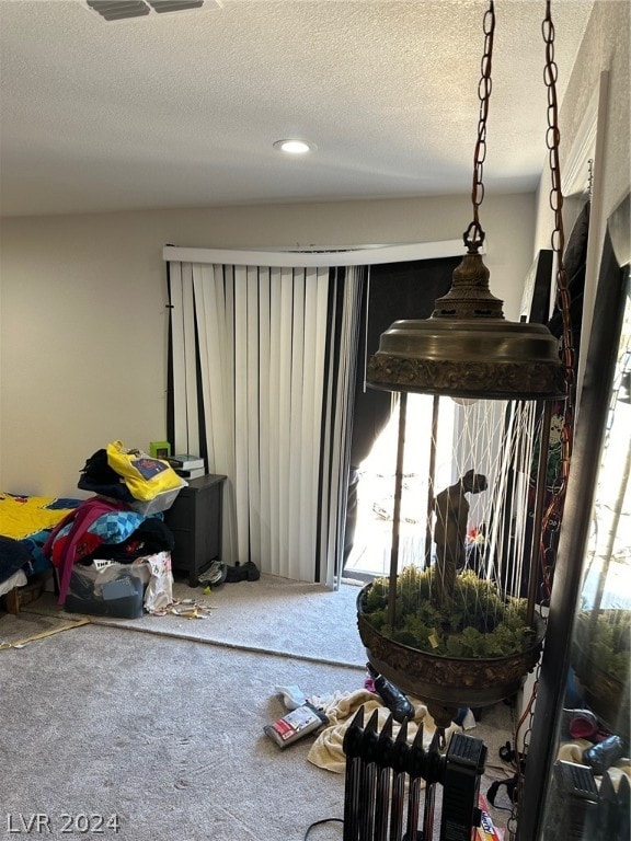 bedroom with a textured ceiling, carpet floors, and multiple windows