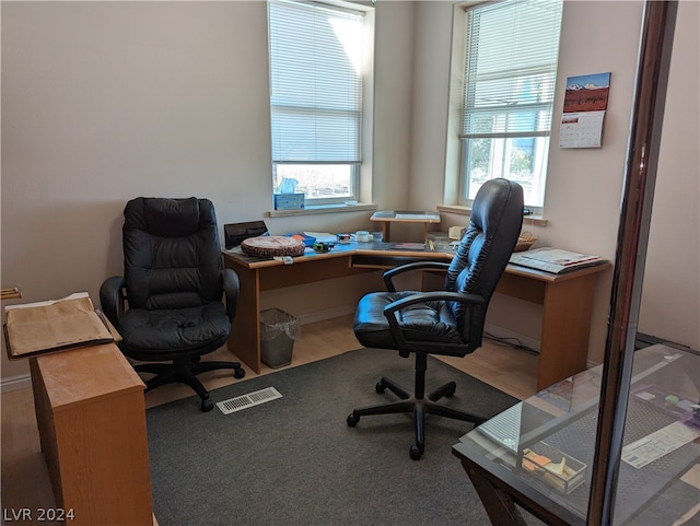 office area featuring a wealth of natural light and dark wood-type flooring