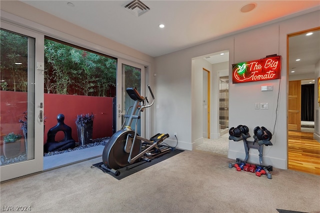 workout area featuring carpet flooring and plenty of natural light