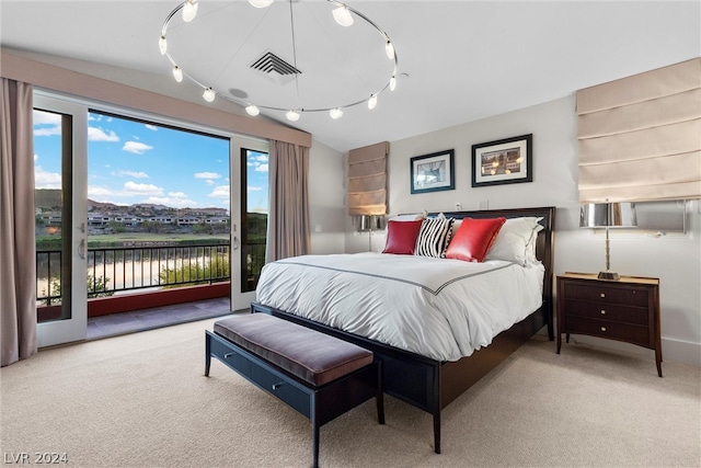 bedroom with track lighting, carpet, and access to exterior