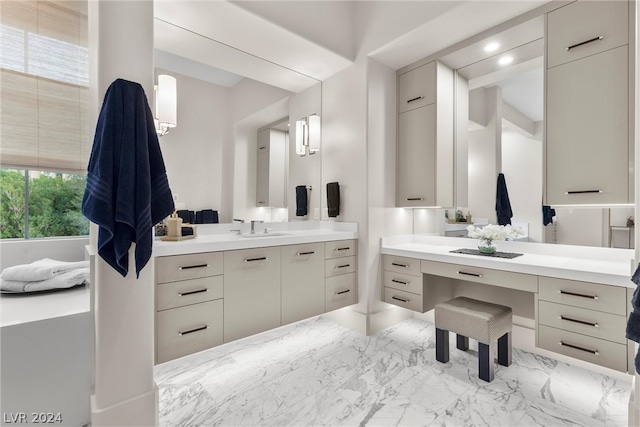 bathroom with tile floors and oversized vanity