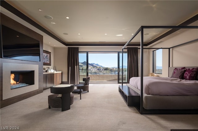 carpeted bedroom featuring multiple windows, access to exterior, and a tray ceiling