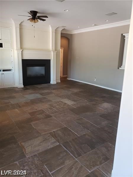 unfurnished living room with crown molding and ceiling fan