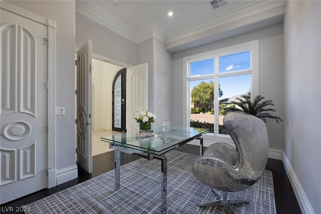 office featuring ornamental molding and dark hardwood / wood-style floors