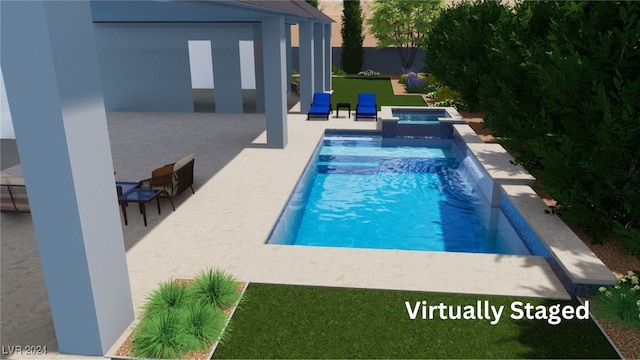 view of swimming pool featuring an in ground hot tub and a patio