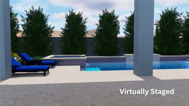 view of swimming pool featuring an in ground hot tub and a patio area