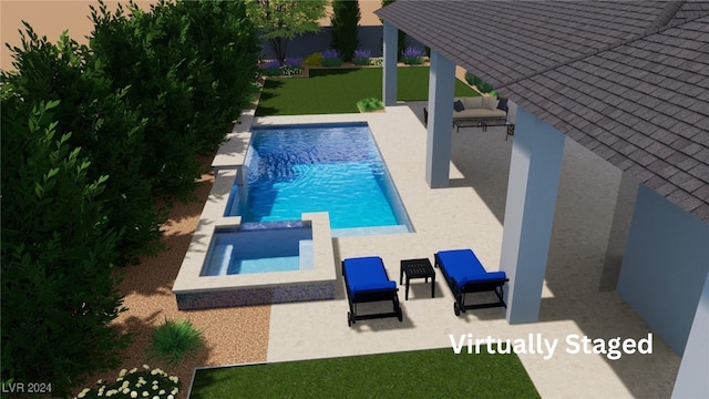 view of swimming pool with an in ground hot tub, a patio, and a yard