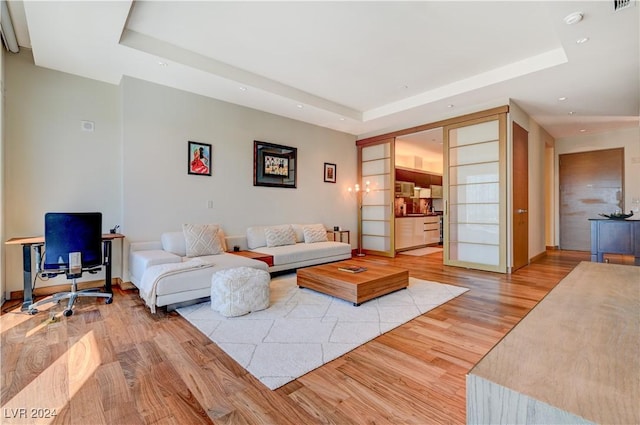 living room featuring light wood-type flooring and a raised ceiling