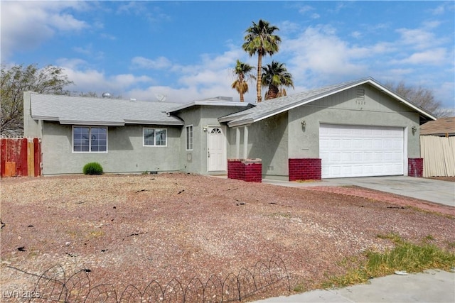 single story home with fence, roof with shingles, stucco siding, a garage, and driveway