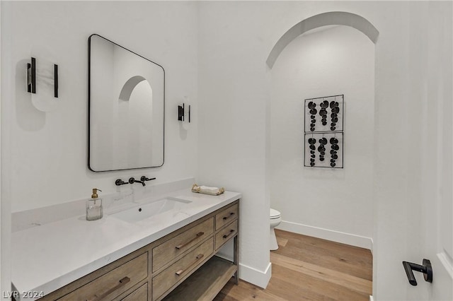 bathroom featuring wood-type flooring, toilet, and vanity