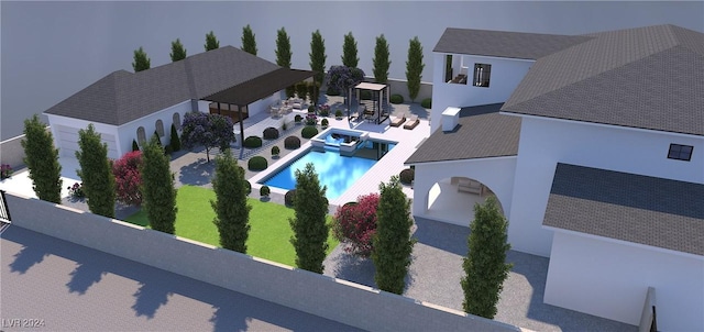 view of swimming pool featuring a patio area and a yard