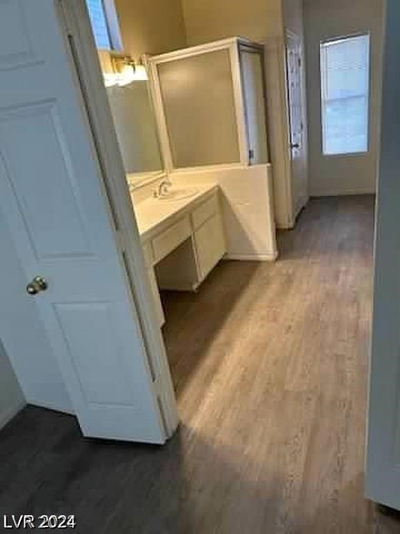 bathroom with hardwood / wood-style floors, vanity, and a healthy amount of sunlight