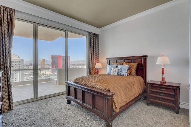 bedroom featuring ornamental molding, light carpet, and access to exterior