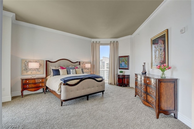 bedroom featuring carpet floors and crown molding