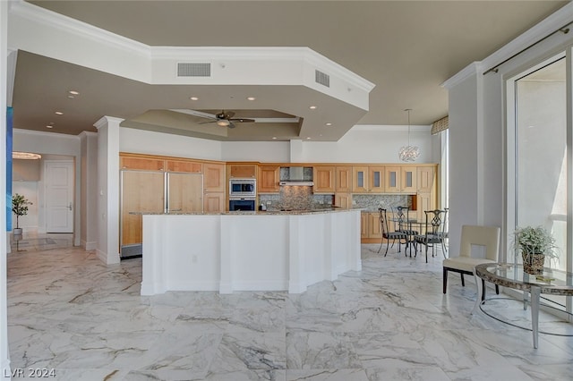 kitchen with appliances with stainless steel finishes, light tile floors, tasteful backsplash, hanging light fixtures, and crown molding