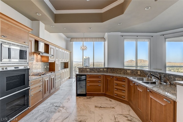 kitchen with beverage cooler, wall chimney exhaust hood, sink, a raised ceiling, and stainless steel appliances