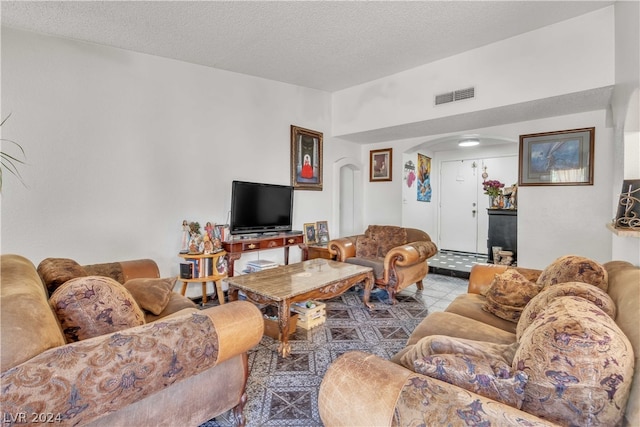 living room featuring a textured ceiling