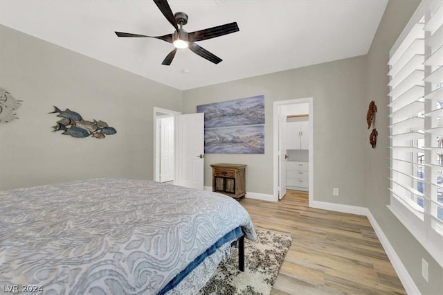 bedroom with ceiling fan, a spacious closet, and light hardwood / wood-style flooring