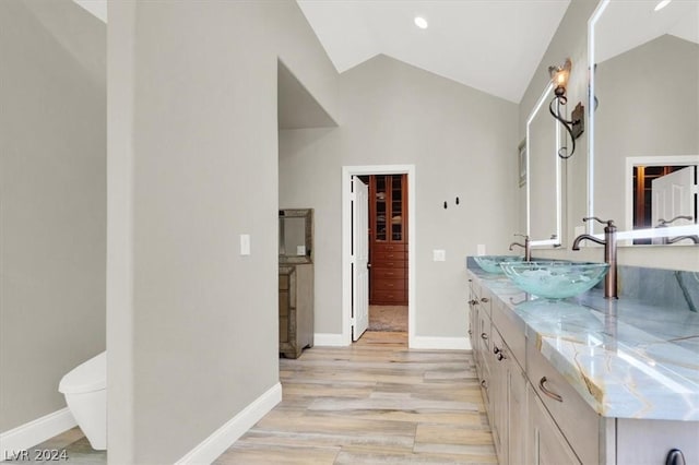 bathroom featuring toilet, vanity, vaulted ceiling, and hardwood / wood-style flooring