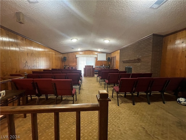 misc room featuring vaulted ceiling, wood walls, carpet floors, and a textured ceiling