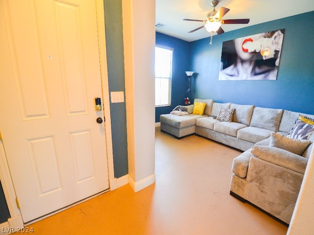 living room featuring ceiling fan