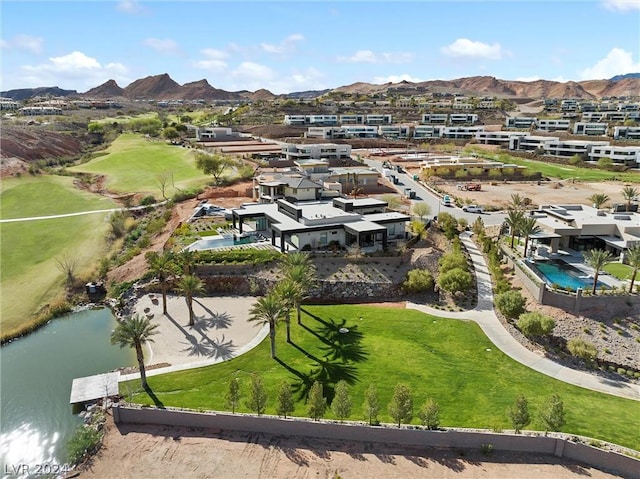 bird's eye view featuring a water and mountain view