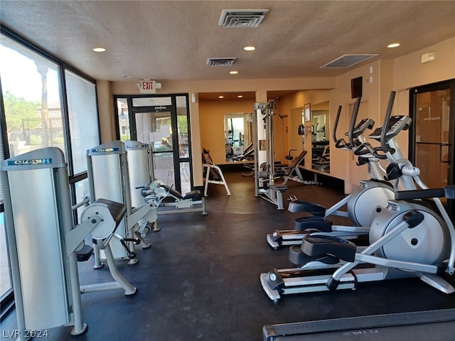 gym with a textured ceiling and plenty of natural light