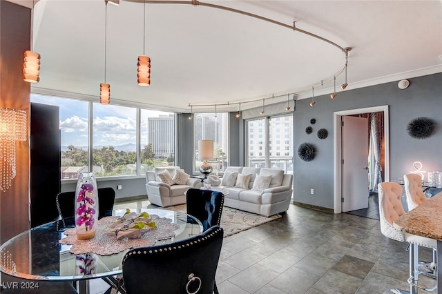 dining area featuring track lighting