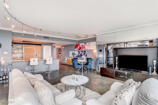 living room with crown molding