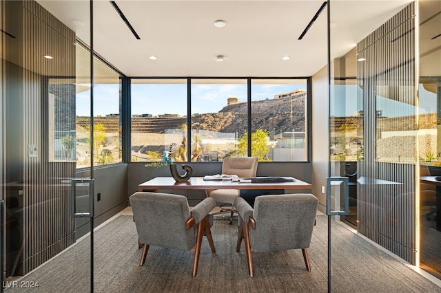 sunroom / solarium featuring a mountain view