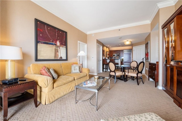 living room with ornamental molding and light carpet