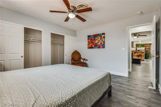 bedroom featuring two closets, ceiling fan, and wood-type flooring