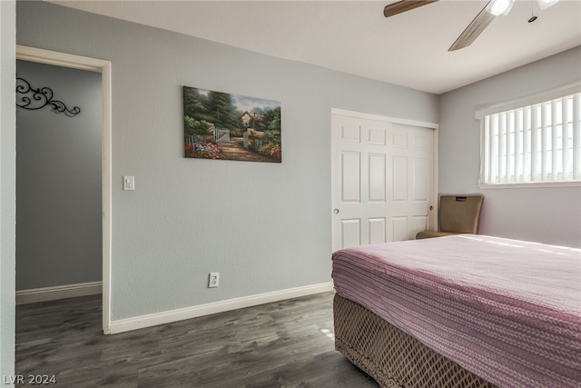 bedroom with dark wood-type flooring, a closet, and ceiling fan