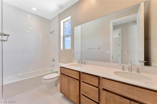 full bathroom featuring tile patterned flooring, vanity, shower / bathtub combination, and toilet