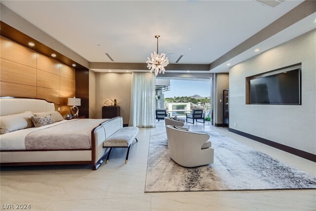 bedroom featuring an inviting chandelier and tile flooring