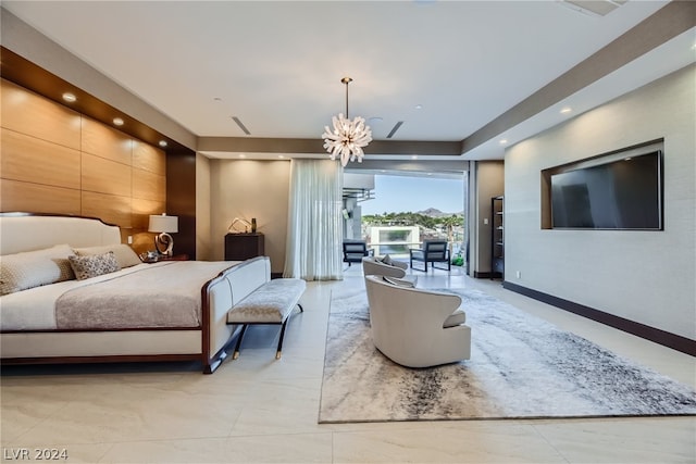 bedroom with access to exterior, recessed lighting, baseboards, and an inviting chandelier