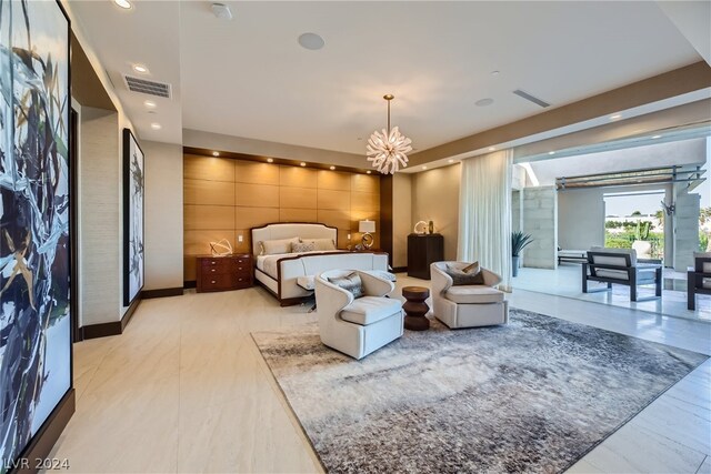 tiled bedroom with an inviting chandelier