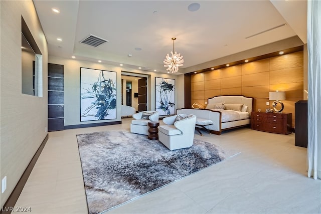 bedroom featuring a notable chandelier and light tile floors